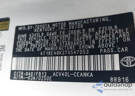 2007 Toyota Camry Le from USA, damaged, VIN 4T1BE46K27U547053